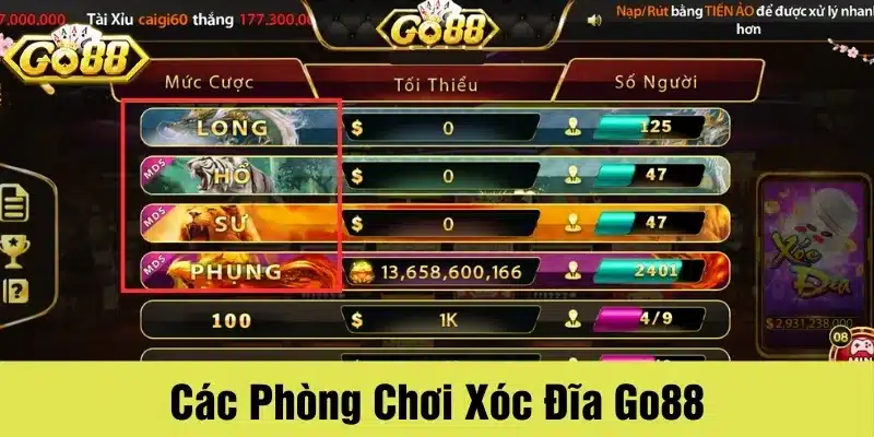 Các phòng chơi trong game Xóc đĩa tại cổng game Go88